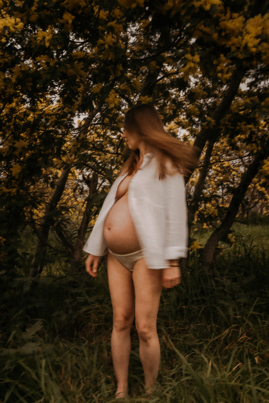 femme enceinte en seance photo de grossesse dans la foret